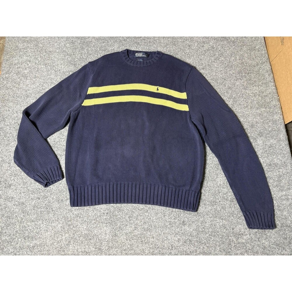 Polo By Ralph Lauren Sweater Mens 2XL Blue Stripe Cotton Crew Neck Pullover Logo